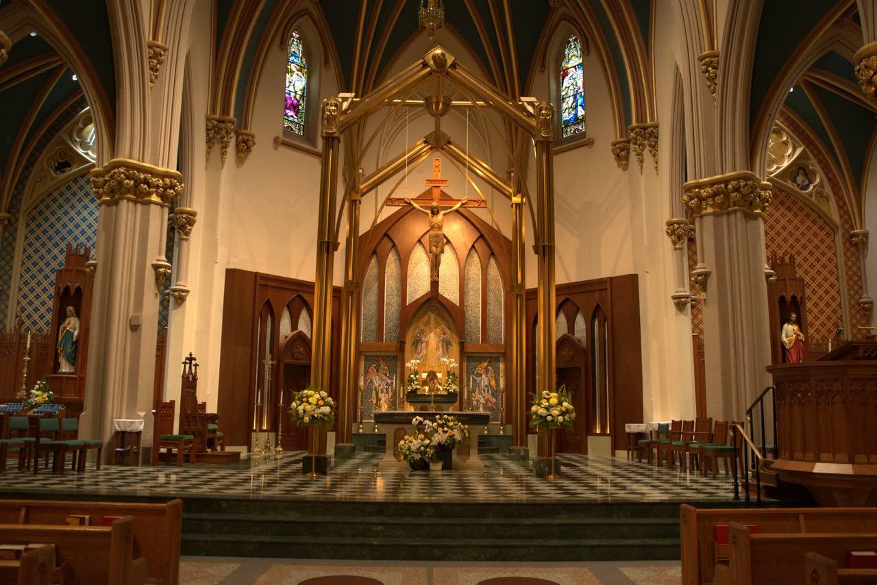 The cathedral altar and stained glass