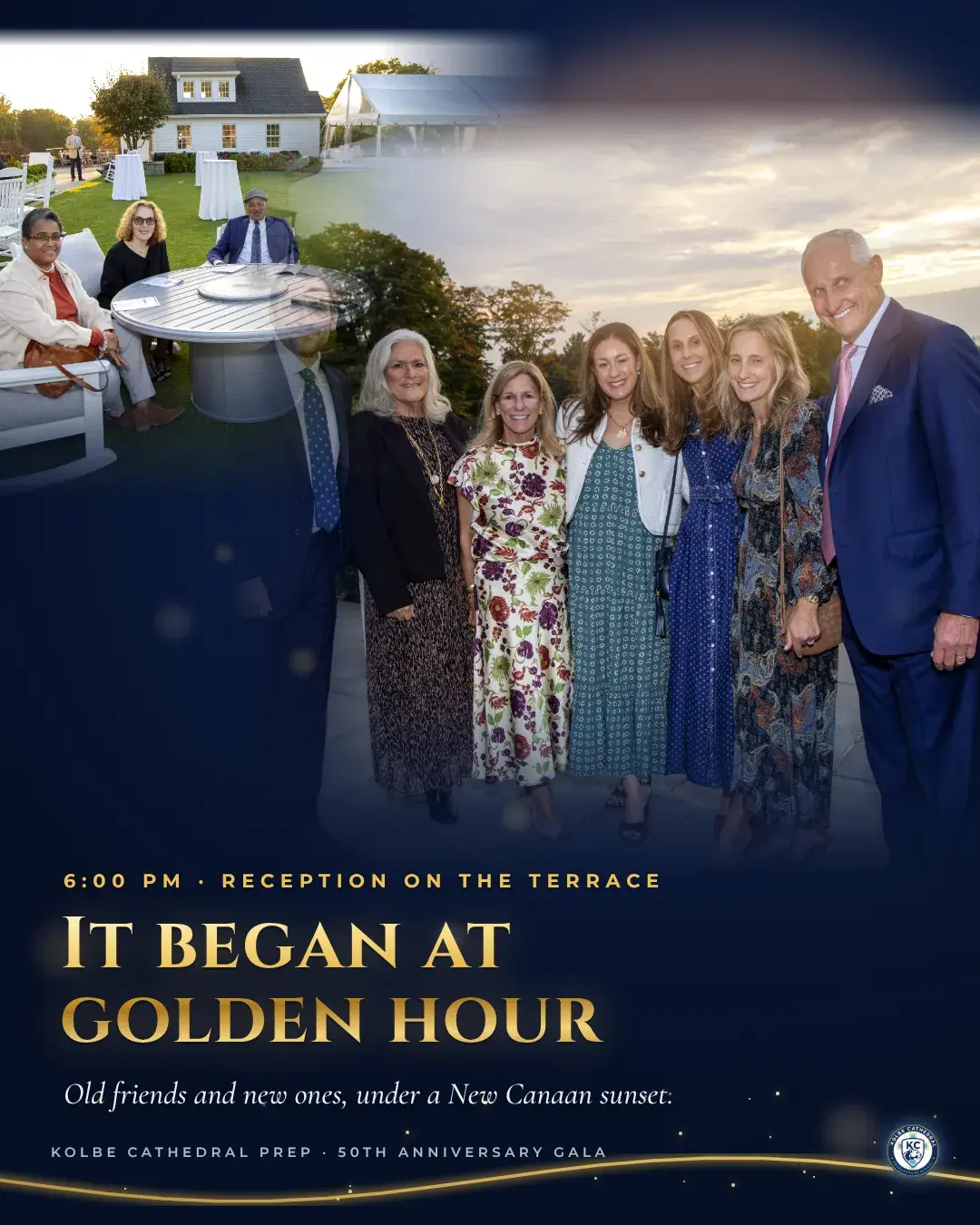 Guests on the terrace and lawn at sunset. 6:00 PM, reception on the terrace. It began at golden hour: old friends and new ones, under a New Canaan sunset.